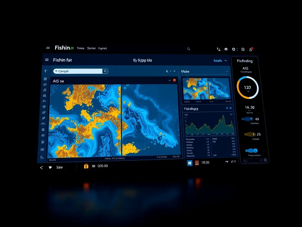A detailed screenshot of the Fishin.fo web interface, showcasing navigation charts, AIS data, and fishfinding information tailored for fishing vessels.