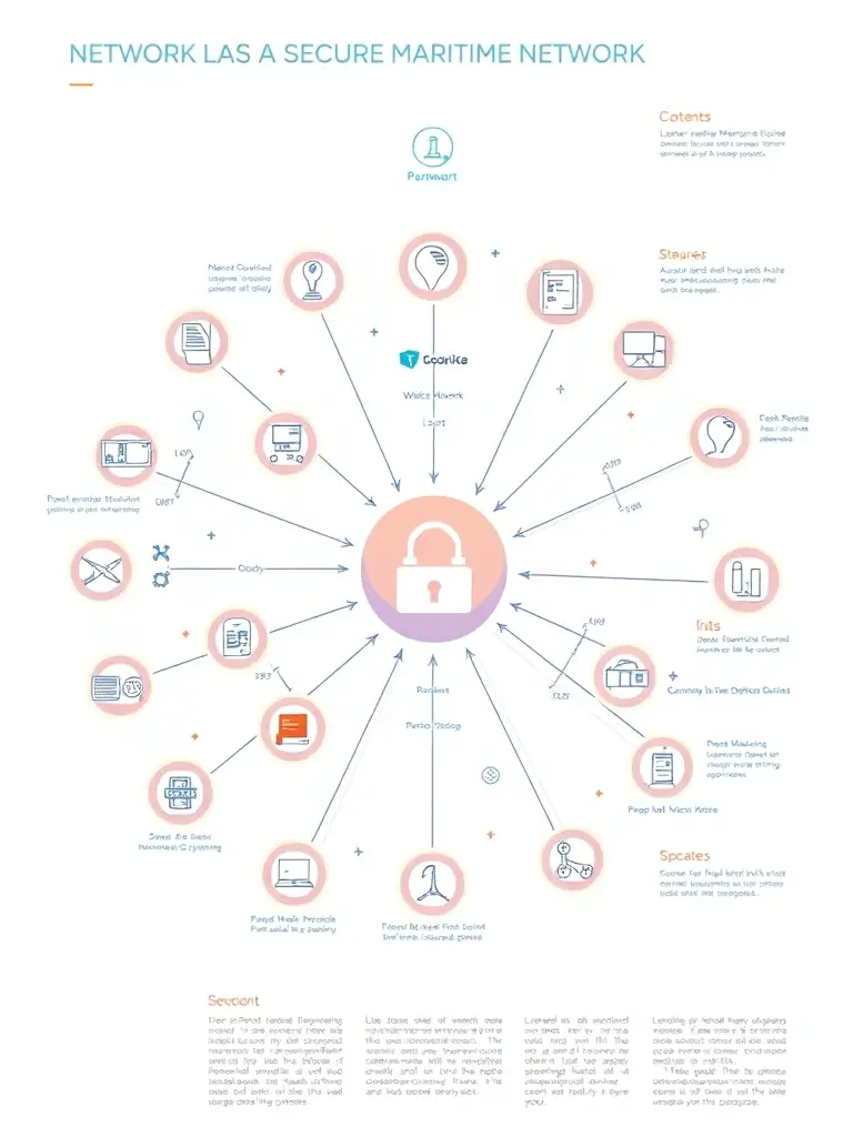 A network diagram illustrating a secure maritime network, showcasing Vikmar's network solutions for maritime operations.